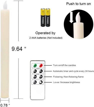 Світлодіодні свічки Eldnacele з функцією таймера, свічки з дистанційним керуванням, електричні свічки з мерехтливим полумям набір із 6 шт. Ø 2 x 25 см, прикраса столу кольору слонової кістки для вечірки Різдво