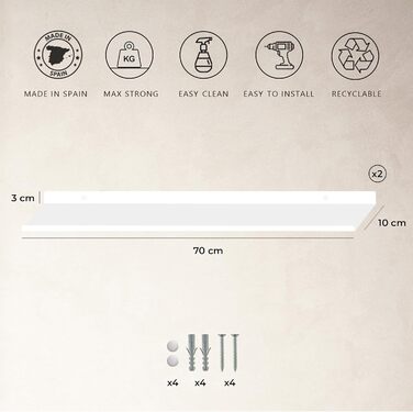 Настінна полиця MILUKA, біла металева Комплект із 2 настінних полиць довжиною 70 см Біла рейка для картин, рамок для картин, книг Настінні полиці для спальні, кухні, офісу, вітальні 70 x 10 см, біла, 2 шт.