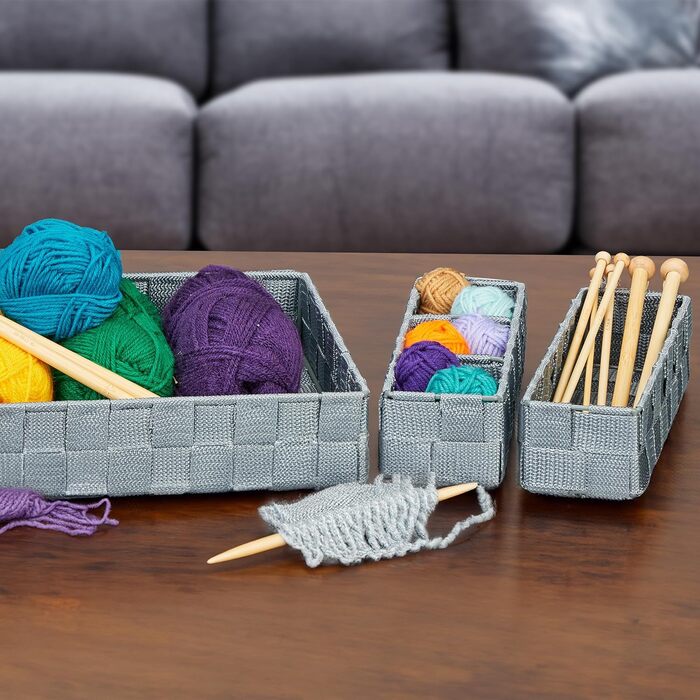 Набір кошиків для зберігання Relaxdays, 6 шт. , пластик, сірий Кошики для ванної кімнати, кошики 4 розмірів, плетені, металевий каркас, сірий, набір з 6 шт.