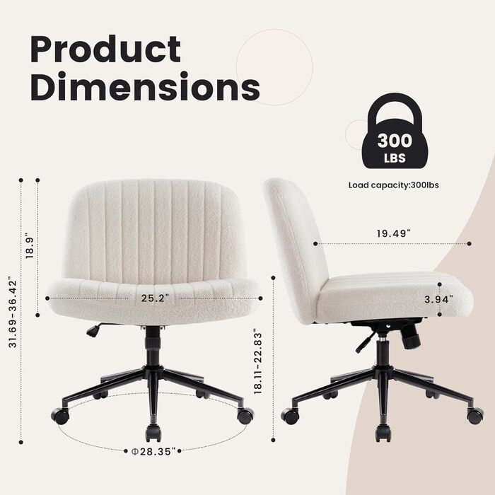 Офісне крісло IWMH без підлокітників, регульоване по висоті поворотне крісло з колесами, письмове крісло з оббивкою з тканини Teddy, крісло для читання з ширшою подушкою для сидіння зі схрещеними ногами (біле з колесами) Teddy White з колесами