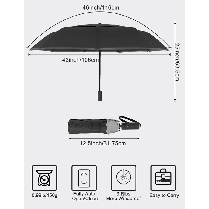 Парасолька Stormproof, Вітрозахисна парасолька Автоматична парасолька, ідеальна для чоловіків і жінок, Складна парасолька Stormproof з подвійним навісом для дощу, Парасолька з автоматичним закриттям Black