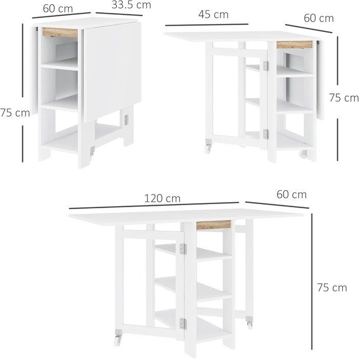 Розкладний обідній стіл HOMCOM, розкладний кухонний стіл, на колесах, з 2 висувними панелями та 3 полицями, сучасний дизайн, кухонний стіл для невеликих приміщень, 120 x 60 x 75 см, білий