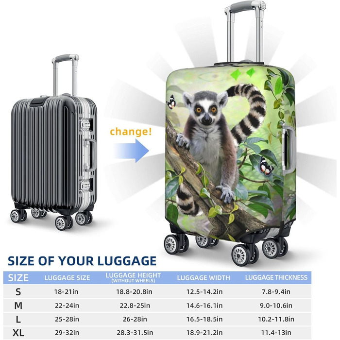 Чохол для багажу Лемур з принтом, еластичний захист від подряпин та пилу, чорний, розмір 90