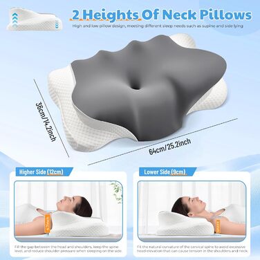 Подушка 2-в-1 з піни з ефектом пам&39яті, ортопедична подушка для шиї з чохлом Ice Silk, підтримуюча подушка для шиї, ергономічна подушка для сну на боці, для тих, хто спить на боці, на спині та на животі, 643612/9 см