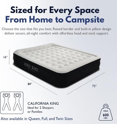 Надувний матрац King Koil Luxury California King із вбудованим запатентованим високошвидкісним насосом для дому, кемпінгу та використання гостями, надувний матрац подвійної висоти, водонепроникний, 1 рік California King Black