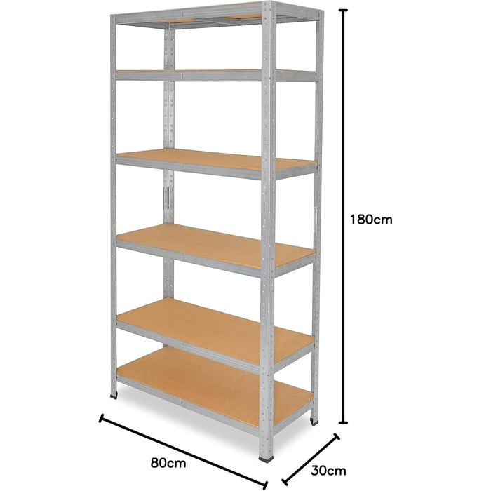 Міцний домашній стелаж, оцинкований/металевий стелаж з 6 полицями/металевий стелаж для підвалу, гаражний стелаж, стелаж для майстерні або стелаж для зберігання/змішаний металевий стелаж з вантажопідйомністю 145 кг В 180см / Ш 80см / Г 30см, 180x80x30