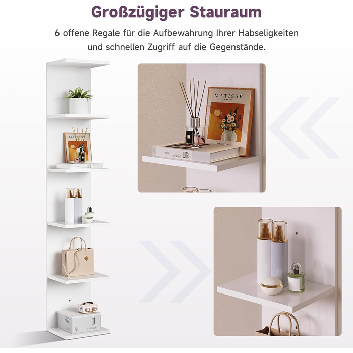 Книжкові полиці SONNI, настінна полиця, 6 полиць, які можна використовувати як настінну або окремостоячу полицю, полиця для книг, журналів, декору, окремостояча полиця в індустріальному стилі для вітальні, кухні, домашнього офісу, біла, 30x24,8x160 см. Бі