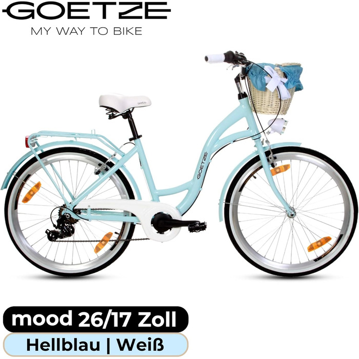 Дитячий велосипед Goetze Mood 26 дюймів, 17-дюймова алюмінієва рама з кріпленням, 6-швидкісний перемикач швидкостей, подвійні V-подібні гальма, світлодіодне освітлення, кошик з ротанга, комфортне сідло, з бічною підставкою та дзвінком, світло-блакитний