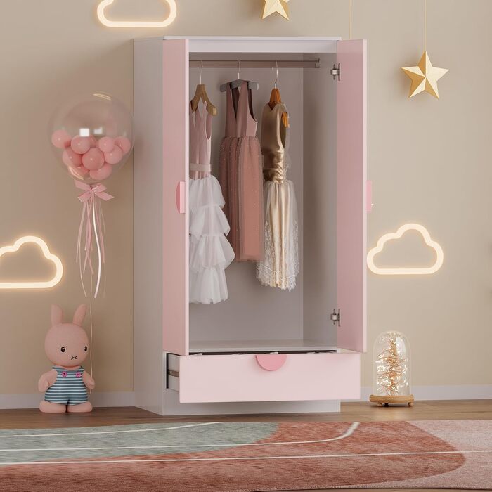 Дитяча шафа Sandnes з 2 дверима та 1 шухлядою, штанга для одягу, дитяча кімната, 123 x 60 x 40 см, рожевий/білий