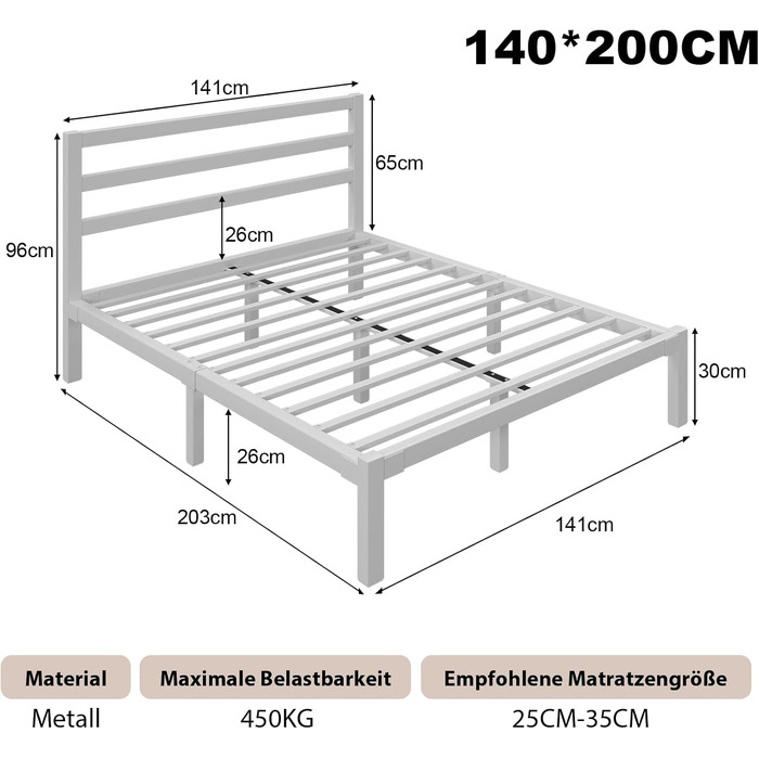 Ліжко 140200 см, металевий каркас ліжка з платформою, узголів&39ям та узніжжям, місце для зберігання речей під ліжком, рейкова основа не потрібна, легке складання, сучасне, біле 140 x 200 см