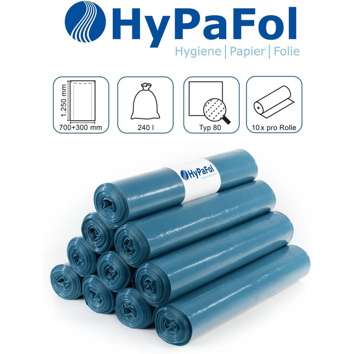 Міцні сміттєві пакети Hypafol 100, стійкі до розривів надзвичайно міцні сміттєві пакети 10 синіх рулонів місткість 240 л міцні сміттєві пакети, виготовлені з екологічно чистої переробленої плівки