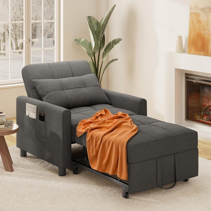 Крісло-ліжко Xbro 3-в-1, розкладне крісло-ліжко, крісло-ліжко з функцією ліжка, регульований диван-ліжко з подушкою та бічною кишенею, крісло з функцією сну для невеликих квартир (темно-сірий)