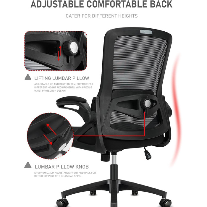 Ергономічне офісне крісло, стілець для роботи з відкидними підлокітниками, регульоване по висоті офісне крісло з регульованою поперековою опорою та безшумними колесами, крісло для керівника, вантажопідйомність 120 кг