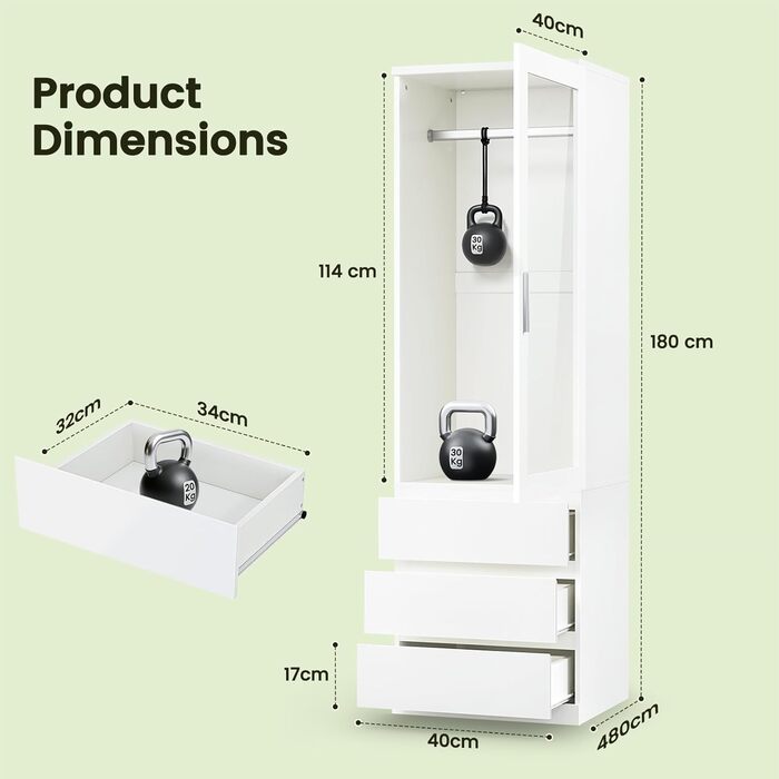 Однодверна шафа Dripex, маленька шафа з однією рейкою для одягу та 3 шухлядами, мінімалістична гардеробна 50 x 48 x 180 см Біла, для однокімнатних шаф 50 x 48 x 180 см - одні двері