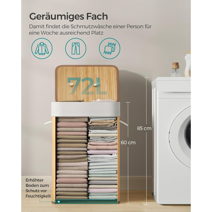 Кошик для білизни з кришкою, 72 л, бамбуковий, складаний, зі знімним мішком для прання, з ручками, для пральні, спальні, колір дер