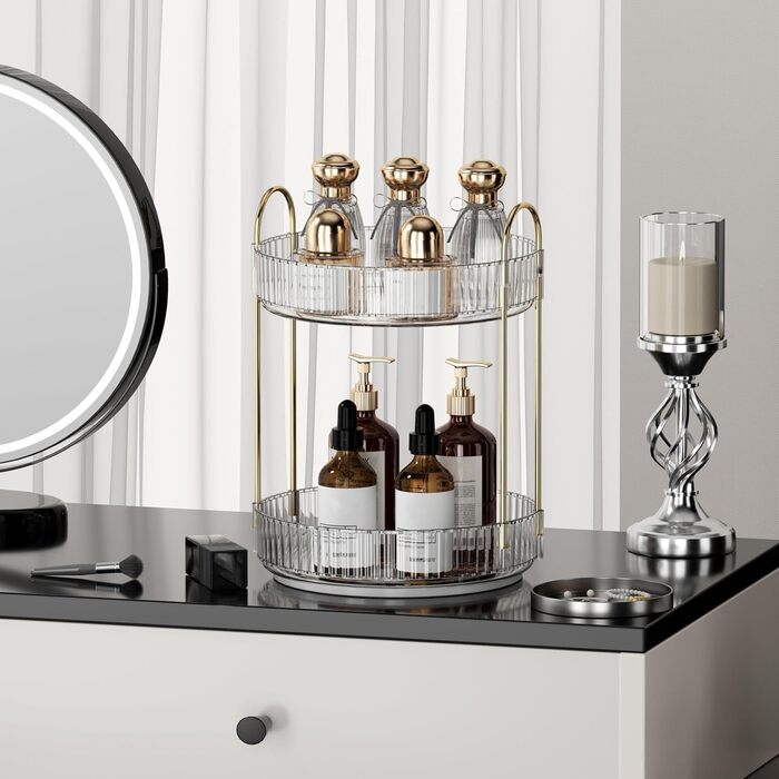 Органайзер для макіяжу, обертовий на 360 косметичний органайзер великої місткості, багатофункціональний косметичний органайзер для комода, туалетного столика, спальні, ванної кімнати, 2 шари, прозорий