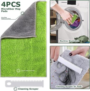 Плоска швабра Masthome, підлогова швабра 360 з 4-ма мікрофібровими насадками, довжина ручки 151 см, регульована, металева основа,