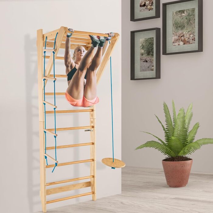 Дерев&39яна стіна для скелелазіння GYMAX, стіна для скелелазіння в приміщенні для дорослих та дітей, гімнастична стіна з турніком, мотузковими сходами та трапецією, стіна для фітнесу, вантажопідйомність до 100 кг, шведські сходи для домашнього використанн