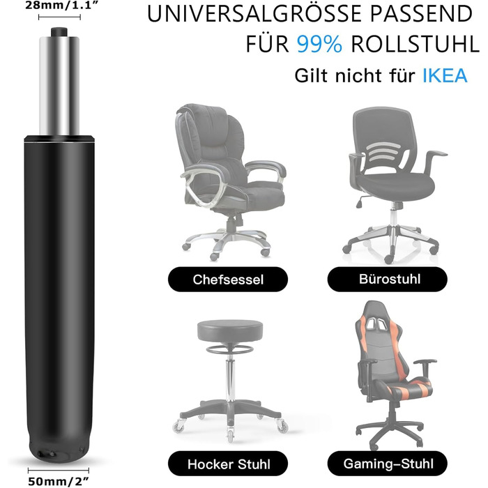 Газова пружина, газова пружина для офісних крісел 1000 фунтів (450 кг) Газова пружина для обертових крісел, підходить для офісних крісел та стільців, регульована висота газової пружини 290 мм-430 мм для офісних крісел, висока вантажопідйомність (чорна)