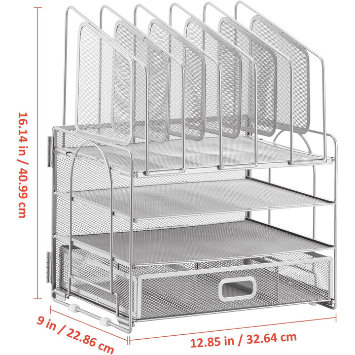 Органайзер для столу Marbrasse, 4-ярусний лоток для паперу та листів з висувними ящиками, 5 вертикальних лотків для документів та 2 тримачі для ручок, сітчастий настільний органайзер для зберігання домашнього та офісного приладдя (сріблястий)