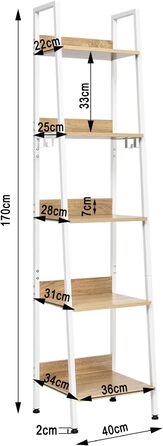 Рівнева полиця для зберігання, кухонна полиця з 4 гачками, книжкова полиця в індустріальному стилі, окремостояча полиця для вітальні/кухні, полиця з МДФ/металу, вузька полиця-драбина, білий колір, 40 x 170 x 36 см, RGB9289whe, світлий дуб білий, 5 полиць 
