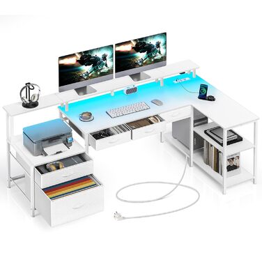 Г-подібний письмовий стіл на сім столів, комп&39ютерний стіл з розеткою, світлодіодним освітленням та підставкою для монітора, кутовий стіл з двостороннім розташуванням головок та шухлядами, ідеально підходить для спальні, офісу, вітальні, білий