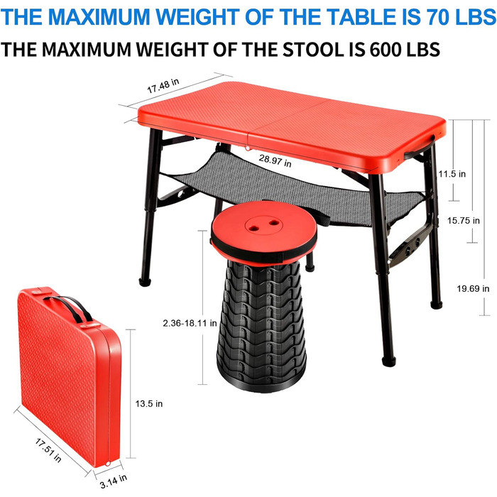 Набір для кемпінгу KPR, з розкладним столом та набором табуретів легкий,з міцних матеріалів  для пікніка, пляжу, риболовлі, походів, вечірок, активного відпочинку червоний