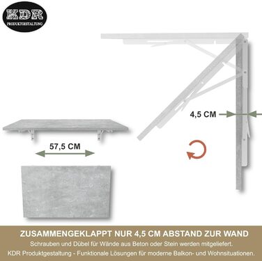 Настінний розкладний стіл KDR 80x50 см, під бетон Складаний стіл для настінного монтажу як обідній стіл, письмовий стіл, кухонний стіл або робоча зона Компактний та універсальний, сірий