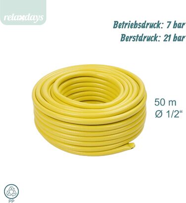 Шланг садовий Relaxdays, різної довжини, універсальний водопровідний шланг 1/2, стійкий до УФ-випромінювання та погодних умов, PP, жовтий 50 м