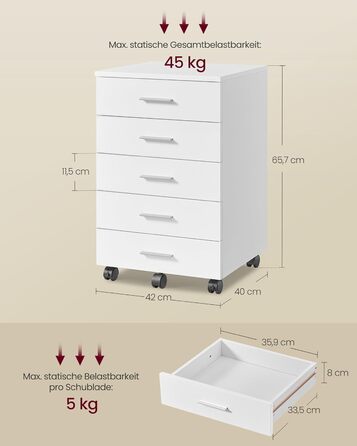 Контейнер на колесах, мобільна шафа для документів, шафа з шухлядами, підставка для принтера з 5 шухлядами, з безгвинтовими розсувними рейками, для офісу, домашнього офісу, хмарно-білий OFC081W01