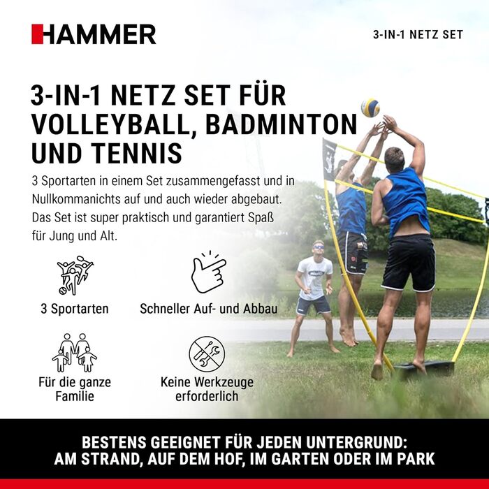 Універсальний спортивний комплект HAMMER 3 в 1: Сітки для волейболу, бадмінтону та тенісу (З футляром-підставкою, для дітей та дорослих, легке складання)