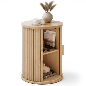 Круглий стіл YITAHOME з шафою з розсувними дверима, бічний столик з 2-ярусною полицею для зберігання для спальні, їдальні, вітальні, домашнього офісу або квартири, невеликий журнальний столик/тумбочка, світлий дуб