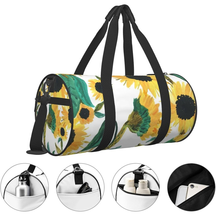 Спортивна сумка, дорожня сумка, соняшник, акварельний принт, чорний колір, універсальний розмір