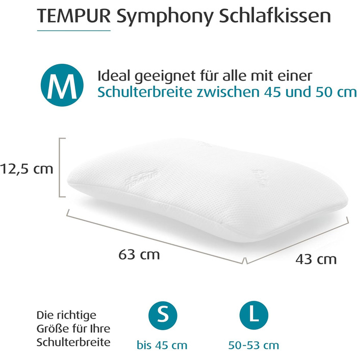 Подушка для сну TEMPUR Symphony з піни з ефектом пам&39яті, ергономічна подушка для підтримки шиї для сну на спині та на боці, жорстка, M (63 x 43 x 12,5 см), Білий M (43 x 63 x 12,5 см) - Односпальний