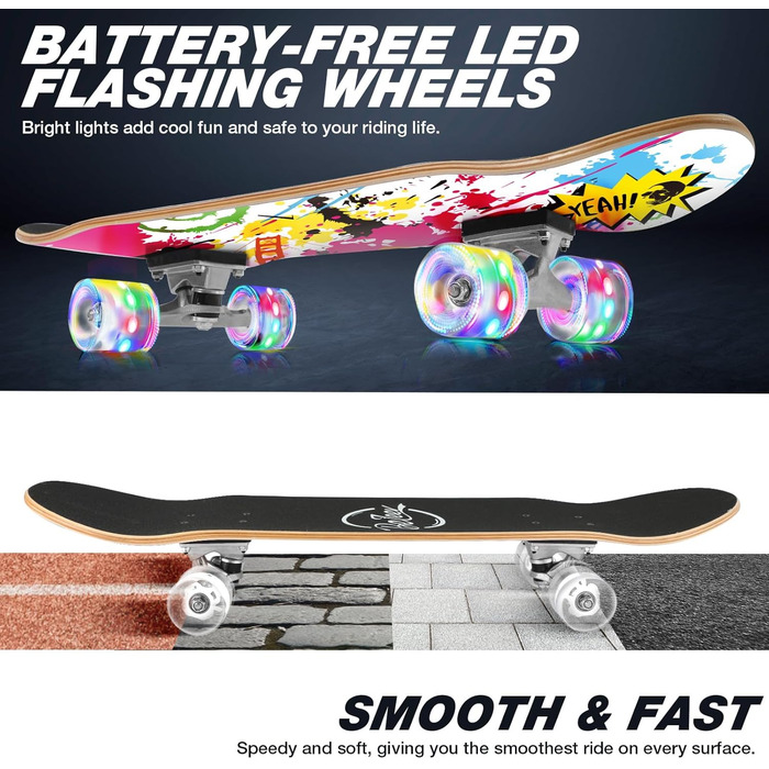 Скейтборд BELEEV для початківців, 31 x 8 дюймів повний скейтборд для дітей підлітків дорослих, 7-шаровий канадський клен подвійний