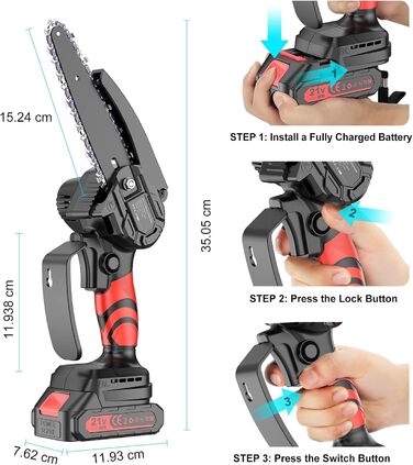 Акумуляторна бензопила 6 дюймів, міні-бензопила з акумулятором бензопила електрична одноручна ручна бензопила електрична, 2 x 2000 мАг акумулятор