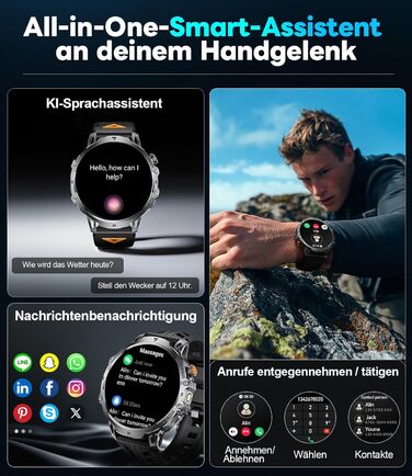 Розумний годинник LIGE Military для чоловіків (3 ремінці) - 1000 мАг/1,85 дюйма HD великий сенсорний екран/світлодіодна підсвітка, фітнес-годинник з понад 110 спортивними режимами, відстеження серцевого ритму/сну, спортивний годинник для iOS/Android, наси