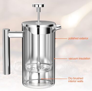 Кавоварка для френч-пресу Uootach 350 мл, високоякісні кавоварки з нержавіючої сталі, кавоварка френч-прес з потрійним фільтром з нержавіючої сталі, для дому, подорожей, кемпінгу (срібло)