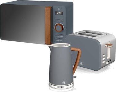 Набір для сніданку Swan Nordic, чайник, 1,7 л, 2200 Вт, тостер з широким отвором, 2 скибочки, цифрова мікрохвильова піч 20 л, сучасний дизайн, вигляд дерева, сірий