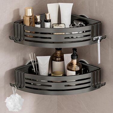 Кутова полиця для душу Lekesky без свердління, з міцними присосками, з алюмінію та нержавіючої сталі, знімна полиця для ванної кімнати, кухні, орендованого житла (набір 2 шт., графітовий сірий колір). Кутова - графітовий сірий.