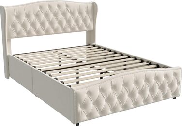 М&39яке ліжко 140x200 з місцем для зберігання, гідравлічне ліжко з місцем для зберігання, дитяче ліжко з узголів&39ям, каркас двоспального ліжка з ящиком для зберігання та рейковою основою, без матраца, оксамит (Бежевий 2, 140 x 200 см) Бежевий 2 140 x 20