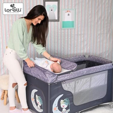 Дитяче ліжечко та манеж Lorelli 3-в-1, Moonlight 2 рівні, бічний вхід, ліжечко з народження, дитяче ліжечко для подорожей, пеленальний килимок, колеса, сумка, сірий/світло-сірий