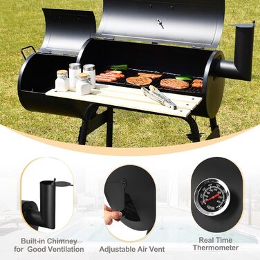 Гриль-коптильня вугільний KOMFOTTEU з димарем, 2-в-1, з термометром та колесами. Сталевий гриль-коптильник з бічним столиком та нижньою полицею, мобільний гриль-візок для пікніків, BBQ, 115x65x108 см