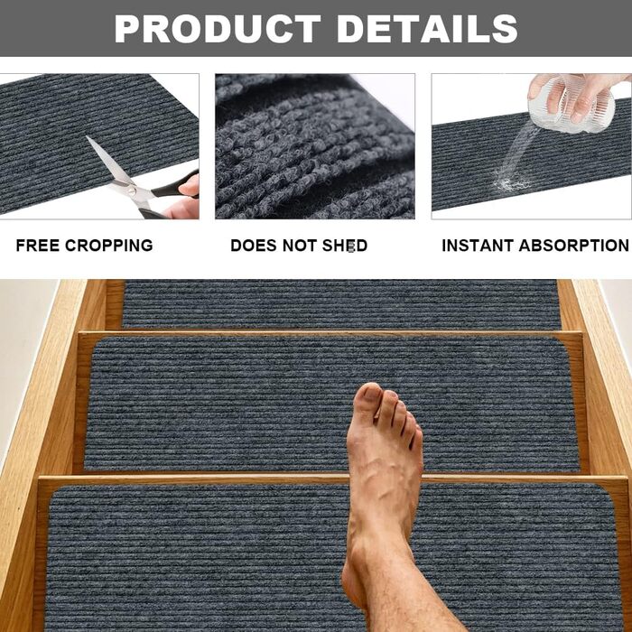 Килимки для сходів, 15 шт. , 55 x 22 см, самоклеючі, можна прати в пральній машині, протиковзкі, для сімей з дітьми, людьми похилого віку та домашніми тваринами (сірі)