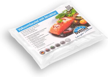 Вакуумні пакети BOTTINI 200 шт. 17x23 см Пакети з фольги PREMIUM, для кожного ущільнювача фольги та вакуумного пакувальника, вакуумування Зроблено в Німеччині