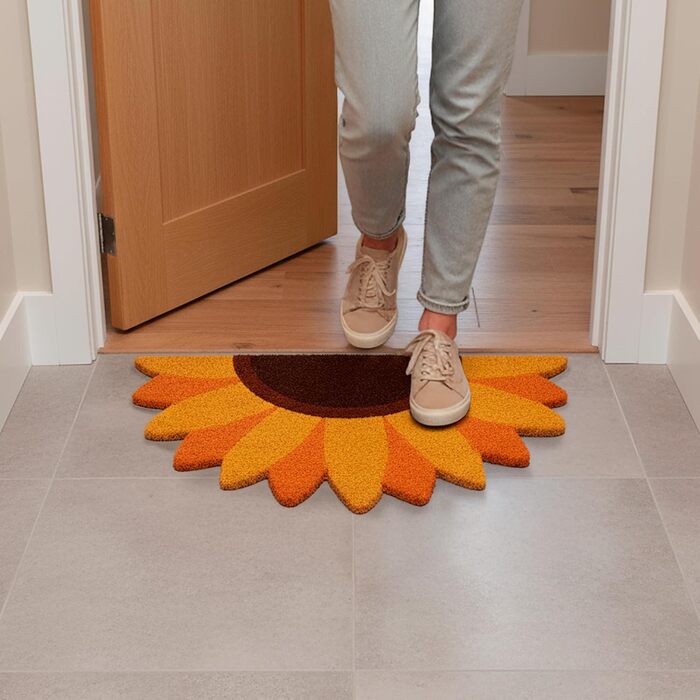 Килимок для вулиці з кокосом та соняшником з нековзною ПВХ-основою. Веселий килимок для привітання. Ручний розпис. Розмір 70 см x 40 см x 1,5 см. Жовтий.