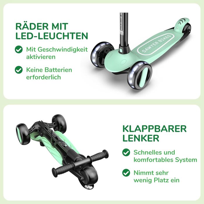 Регульований самокат на 3 світлодіодних колесах - діти від 2 до 8 років м'ятний