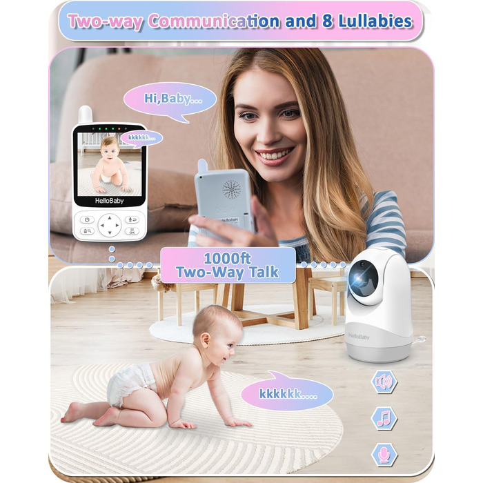 Монітор для дітей HelloBaby з камерою, 29 годин роботи від батареї, монітор для дітей 355/120 з камерою з поворотом і нахилом із д