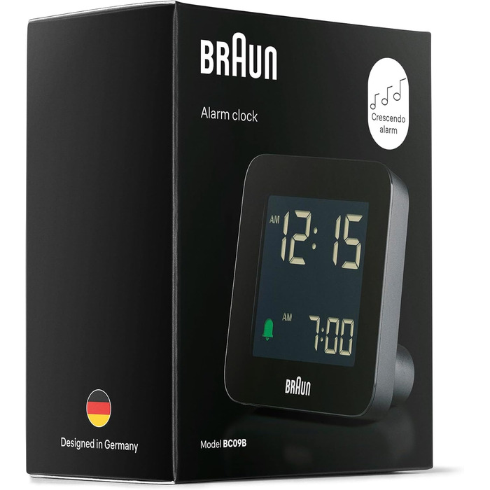Цифровий будильник Braun з функцією повтору, негативним РК-дисплеєм, функцією швидкого налаштування, будильником Crescendo чорного кольору, модель BC09B. 1 упаковка