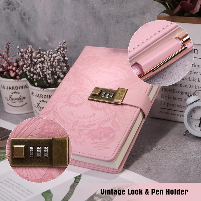 Щоденник TIEFOSSI із замком для жінок та дівчат, журнал у лінійку із замком, блокнот-щоденник у формі метелика з ручкою та закладкою-метеликом, щоденник для письма із замком, рожевий